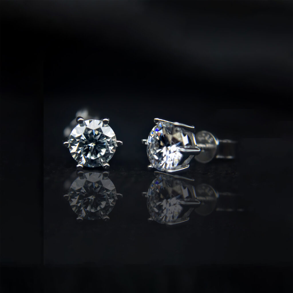 Six-Prong Round Moissanite Stud Earrings - 1ct each, Butterfly Push- VIZE062