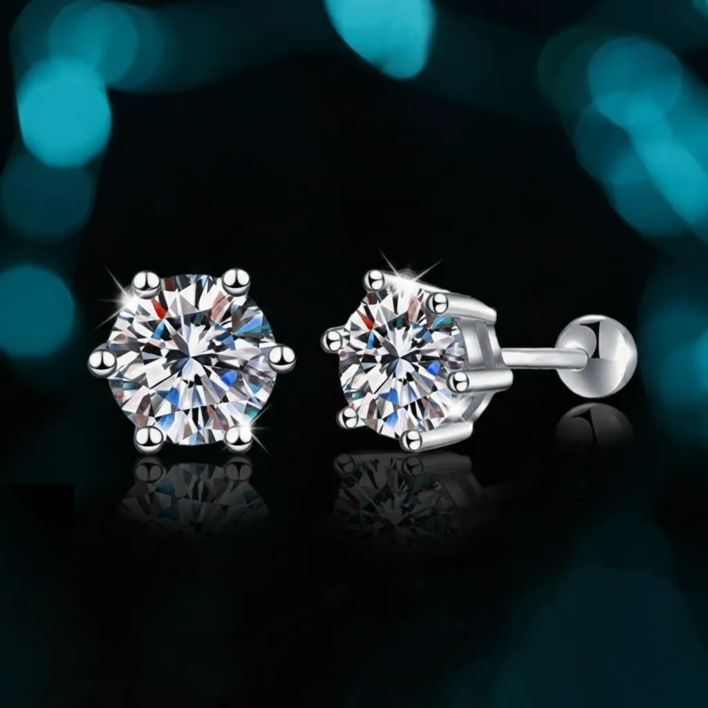 Solitaire Moissanite Stud Earrings - 30 cent each, Ball Push - Image 1